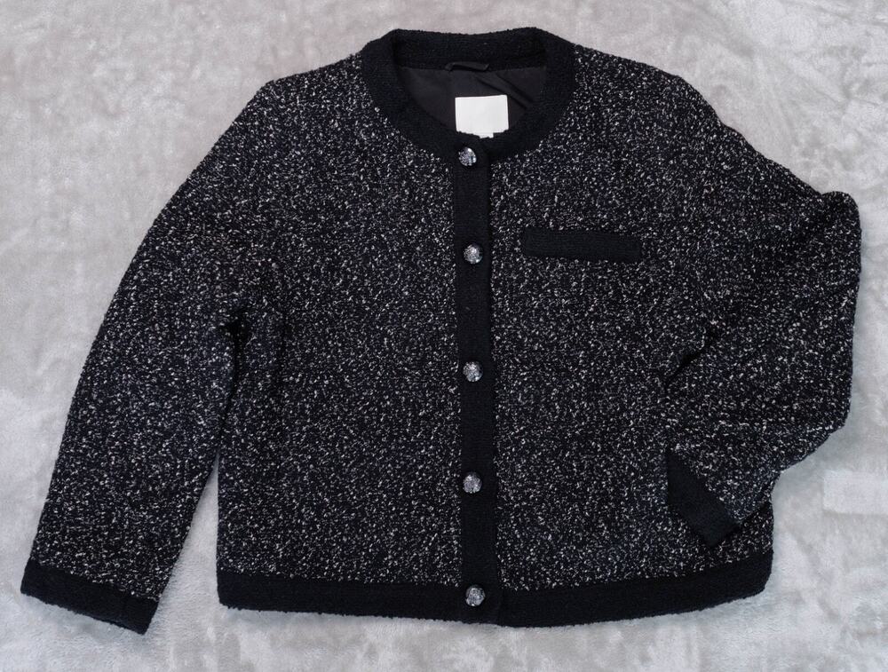 H&M Black White Textured Weave Wool Blend Tweed Lined Jacket Womens Size L